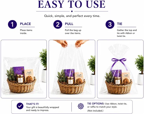 Miniatura 4 de Bolsas de celofán transparente para canastas de Purple Q Crafts, paquete de 20 unidades, envoltura grande de celofán transparente para canastas