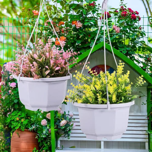 Miniatura 8 de 8-Inch Hanging Planters Octagonal Plastic Flower Pots with Hook, 10pcs Indoor Hanging Plant Baskets for Balcony and Garden, White Gardening