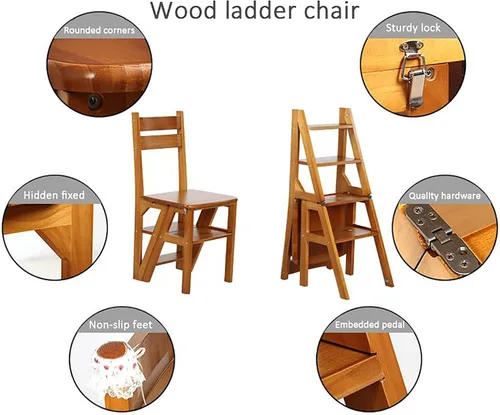 Miniatura 6 de Silla plegable de madera maciza, escalera de biblioteca portátil de 4 escalones, silla plegable convertible para adultos, oficina, hogar, cocina al