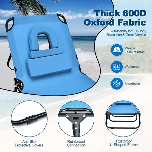 Miniatura 3 de Goplus Silla de bronceado, silla de playa plegable con agujero facial, almohada extraíble, correa de transporte, posición ajustable, silla