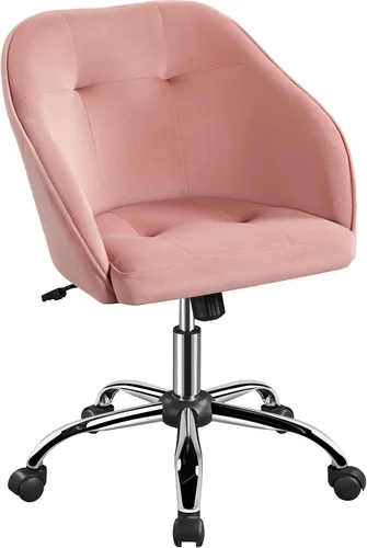 Yaheetech Silla de Oficina Rosa Pequeña y Linda con Ruedas Traseras, Silla de Tocador de Terciopelo Giratoria y con Ruedas, Silla de Escritorio de