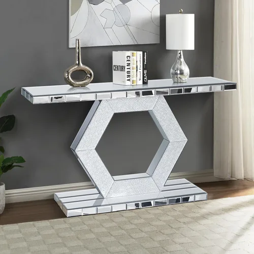 Miniatura 11 de Moderna mesa de consola plateada con espejo con 2 cajones de almacenamiento, escritorio rectangular de tocador, mesa de tocador de maquillaje