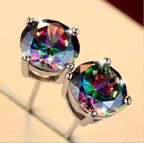 LVTING - Aretes de plata de ley 925 con circonita cúbica redonda y cuadrada de corte brillante, hipoalergénicos, cuarzo, arcoíris, coloridos regalos