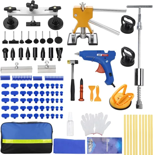 Kit extractor de abolladuras de 97 piezas, kit de reparación de abolladuras de carrocería automotriz sin pintura con elevador dorado, martillo