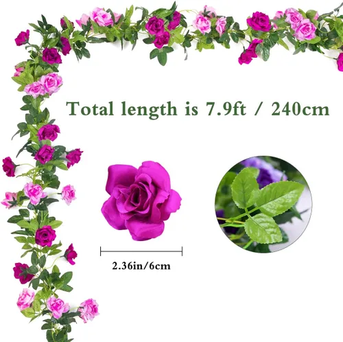 Miniatura 2 de Kisflower 3 guirnaldas de flores artificiales de 23.7 pies, enredaderas falsas de seda para decoración de arco de boda, habitación, fiesta, hogar