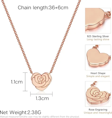 Miniatura 5 de LOUISA SECRET Rose Heart Pendant Necklace for Women Girls, 925 Sterling Silver Dainty Cute Rose Necklace, Birthday Anniversary Jewelry Gift for