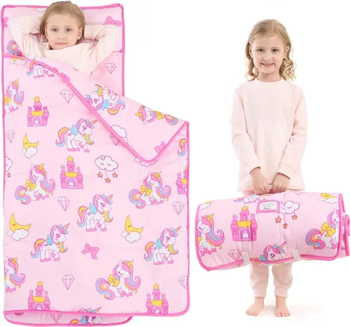 Miniatura 10 de UOMNY Tapete para siesta para niñas y niños pequeños con almohada extraíble y manta con diseño de mariposa, saco de dormir para preescolar
