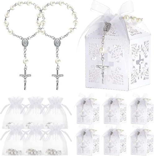 50 paquetes de recuerdos de bautizo con cuentas de rosario acrílicas, perlas falsas con bolsas de organza y cajas de recuerdos de bautizo con cruz