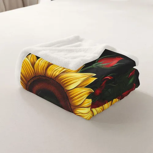 Miniatura 5 de Manfei Manta de girasol amarillo, manta de cama con rosas rojas para decoración de habitación de niños y niñas, manta floral de hojas verdes