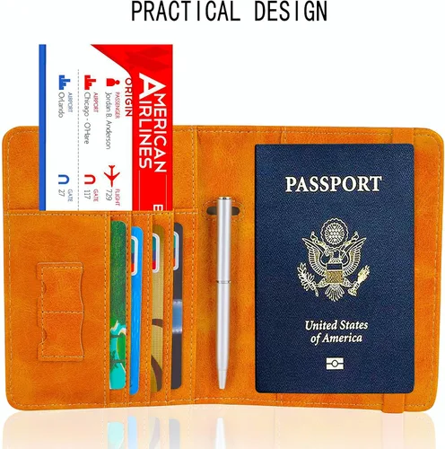 Miniatura 6 de Caweet Funda de pasaporte RFID bloqueo de viaje cartera de cuero pasaporte con banda elástica, Marrón, Classic