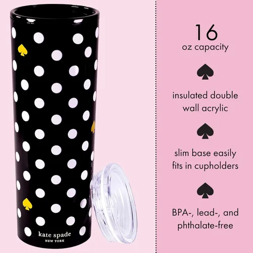 Miniatura 2 de kate spade new york Taza de viaje aislada de 16 onzas con tapa, vaso térmico negro de doble pared para café/té, lunares