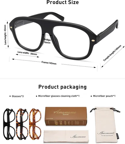 Miniatura 5 de AMOMOMA Paquete de 3 lentes de lectura estilo aviador retro con luz azul para mujeres y hombres, marco grande para lector de computadora AM6163