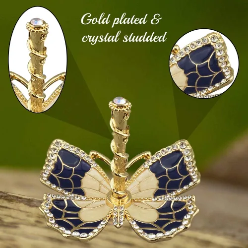 Miniatura 5 de Matashi Organizador de joyas de mariposa chapado en oro con esmalte azul y cristales, elegante soporte para anillos, regalo ideal para ella