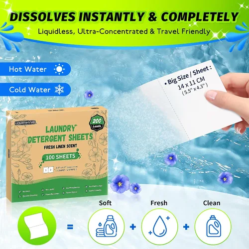 Miniatura 2 de Sábanas de detergente para ropa – Aroma de lino fresco, 200 cargas (100 hojas), sin plástico para viajes, dormitorios, hogar, apartamentos