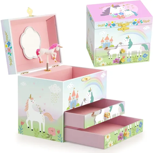 Miniatura 17 de RR ROUND RICH DESIGN - Joyero musical para niñas con cajón y juego de joyas con tema de bailarina, melodía de “El lago de los cisnes”, color rosado