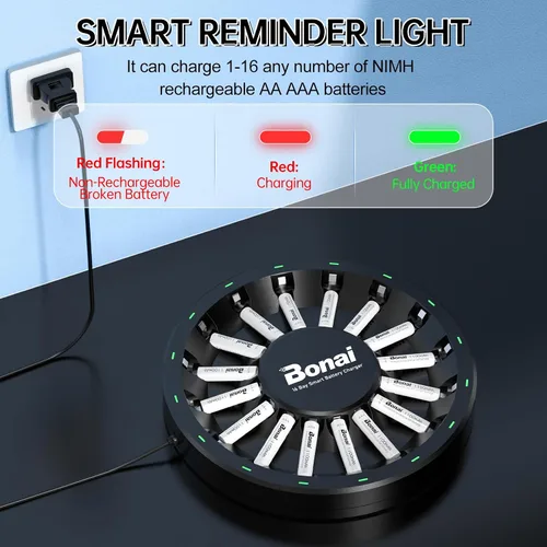 Miniatura 5 de BONAI Baterías AAA recargables con cargador, paquete de 16 pilas recargables AAA y cargador de batería de 16 bahías para AA AA