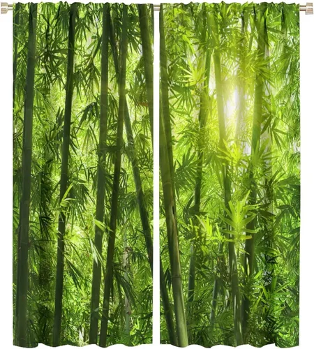 Miniatura 22 de Cortinas con estampado de bambú, tallos y hojas de bambú, temática oriental natural, oscurecimiento de habitación, ventana, ventana, cortina