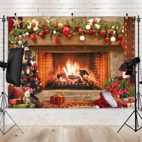 Miniatura 5 de Telón de fondo de tela de poliéster de 7 x 5 pies con diseño de chimenea de Navidad vintage, calcetín de árbol de Navidad, para fotografía