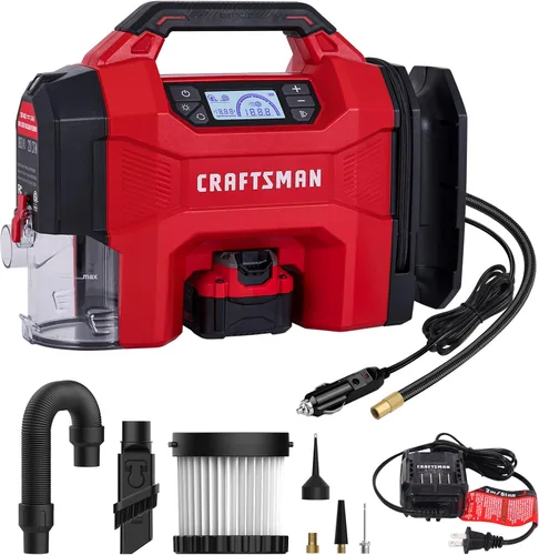 Miniatura 9 de CRAFTSMAN Inflador de neumáticos 3 en 1, compresor de aire portátil de 160 PSI/aspiradora de automóvil/soplador de polvo, 20 V inalámbrico y 12 V