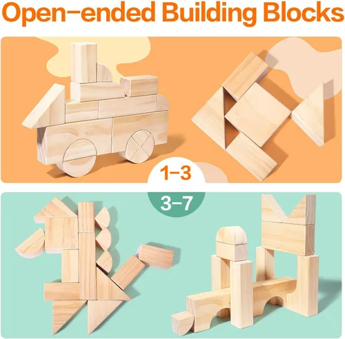 Miniatura 3 de Migargle Juego de bloques de madera grandes - Juguetes educativos de aprendizaje preescolar con caja de almacenamiento de madera, bloques para niños