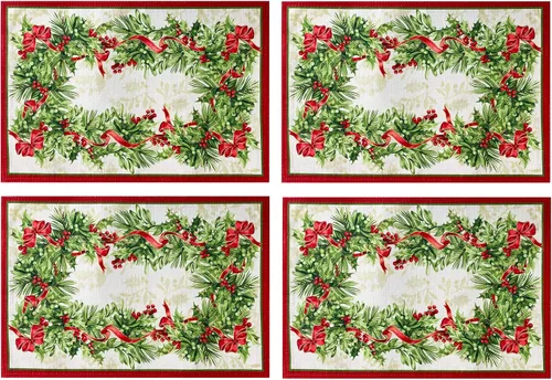 Juego de 4 manteles individuales Newbridge Holly Ribbon Traditions de Navidad, con bordes de ramas de acebo y bayas, diseño de guirnalda de cinta,