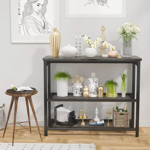 Miniatura 2 de Ecoprsio Mesa consola pequeña, mesa de sofá con estantes dobles de malla, moderna mesa de entrada para entrada, pasillo, vestíbulo, pasillo Gris
