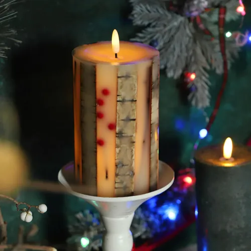 Miniatura 7 de Velas de abedul real sin llama incrustadas con bayas rojas, velas de Navidad sin llama con control remoto, velas tipo pilar que funcionan
