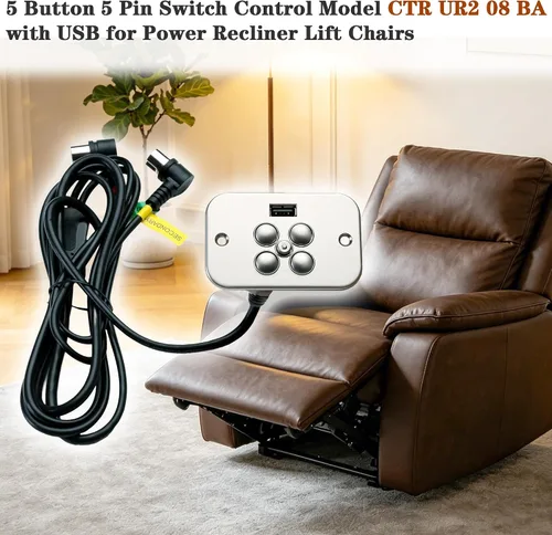 Miniatura 4 de Silla reclinable eléctrica Raffel Systems 5 botones 5 Pin Control de mano Modelo CTR UR2 08 BA Reemplazo con USB