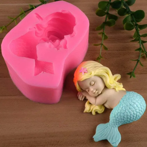 Miniatura 4 de Molde de silicona de sirena OBTANIM para fondant, lindo molde 3D de bebé durmiendo, topper de pastel, decoración DIY, herramienta de horneado