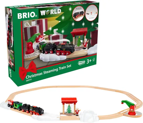BRIO World - Tren de Vapor Navideño - Tren Operado a Batería - Motor de Vapor Motorizado de 27 Piezas para Pista de Madera con Luces y Vapor Apto
