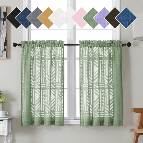 Miniatura 18 de Simplebrand Cortinas traslúcidas negras de cocina de 24 pulgadas de largo, 2 paneles, filtrado de luz, geométrico jacquard con textura, cortinas
