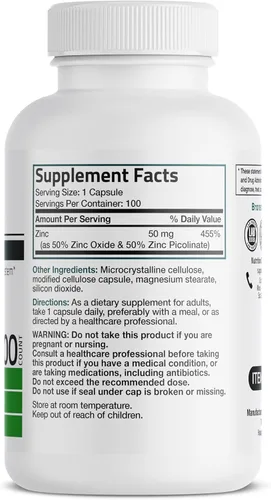 Miniatura 2 de Bronson Zinc 50mg Complejo Complejo de Apoyo Inmunológico de Alta Potencia, Antioxidante y Salud de la Piel - Sin OGM, 100 Cápsulas Vegetarianas