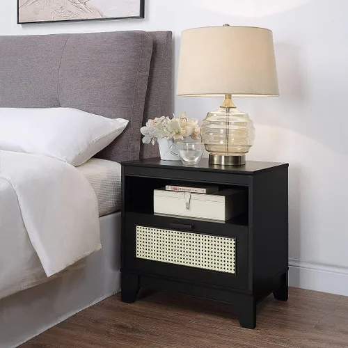 Miniatura 2 de Manhattan Comfort Sheridan Mesita de noche de caña con cajón de extensión completa y estante abierto, mesa auxiliar moderna de mediados de siglo