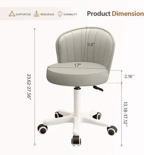 Miniatura 2 de Silla pequeña redonda de escritorio con ruedas, cómoda silla de tocador para computadora con respaldo bajo, piel sintética, altura ajustable, Gris