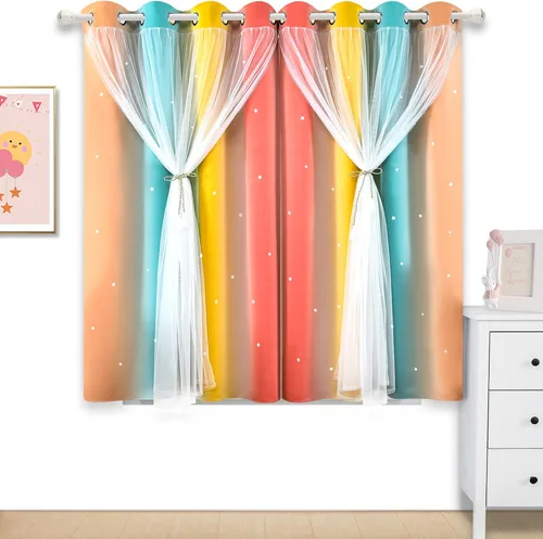 Miniatura 16 de Cortinas Opacas con Corte de Estrella Arcoíris para Dormitorio de Niñas - Doble Capa con Ojales Superiores para Sala de Estar, 2 Paneles