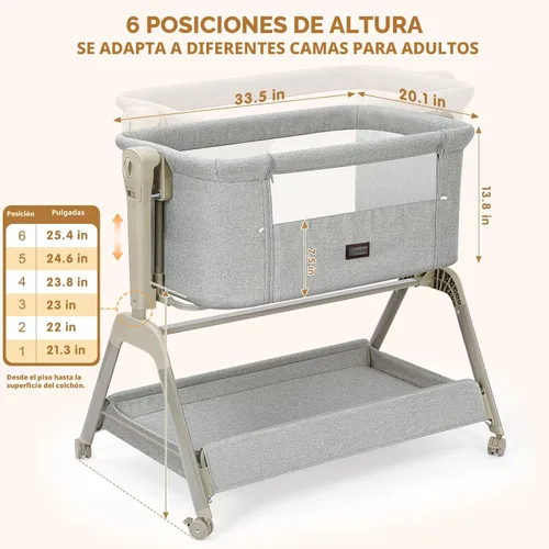 Miniatura 8 de Ezebaby Cuna para bebé al lado de la cama, moisés 3 en 1 con colchón cómodo y ruedas, cuna estable y segura para recién nacido con ajuste de altura