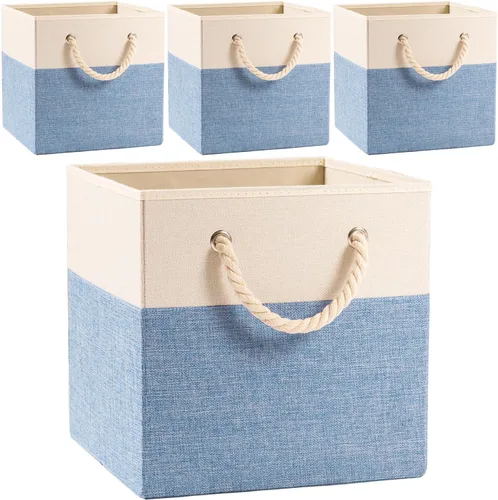 Miniatura 11 de PRANDOM Contenedores plegables grandes de almacenamiento de 11 x 11 pulgadas [paquete de 4] cestas de almacenamiento de tela de lino, cubos con asas