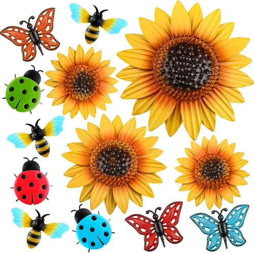 Sweetude 12 piezas de decoración de pared de girasol de metal colorido libélula mariposa decoración al aire libre, jardín, valla, patio, flores,