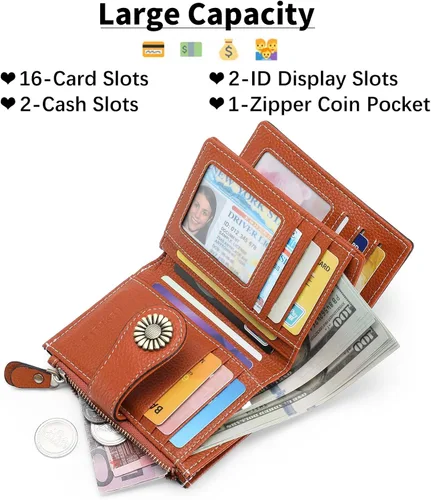 Miniatura 186 de SENDEFN - Billetera pequeña de piel auténtica para mujer, diseño plegable con ventana para tarjeta de identificación