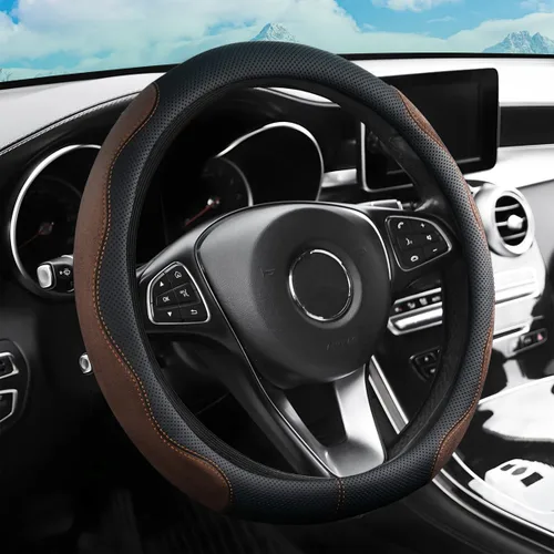 Miniatura 5 de zipelo Funda para volante de automóvil de 14.5"-15", protector de rueda interior de automóvil con forro de cuero duradero, suave, transpirable y Café