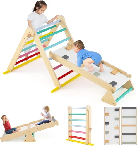 Olakids Pikler - Juego de triángulos 7 en 1, juguetes de escalada para niños pequeños, plegable de madera Montessori, gimnasio de selva con escalera
