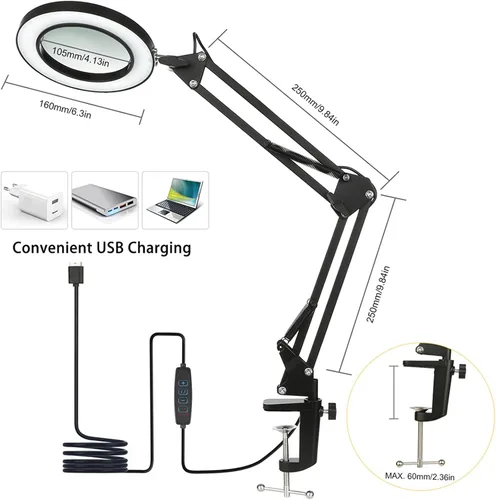 Miniatura 2 de Lámpara de aumento con abrazadera, 8 lámparas de lupa, 3 colores y 10 brillantes, lámpara LED de lupa ajustable de 19 pulgadas, lámpara de brazo