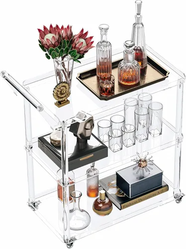 Miniatura 8 de Dethan Carrito de barra de acrílico – Carrito de servicio transparente de 3 niveles con ruedas bloqueables, moderno carrito de bar transparente