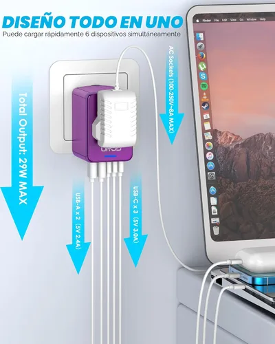 Miniatura 2 de Adaptador de viaje universal con 3 puertos USB-C + 2 puertos USB-A de carga rápida de 30 W, salida de CA de 2500 W, adaptador de corriente 3 USB