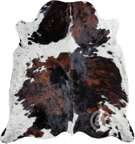Miniatura 7 de Sunshine Cowhides Alfombra de piel de vaca tricolor 100% auténtica, alfombra de estilo moderno de piel de animal y alfombra para sala de estar
