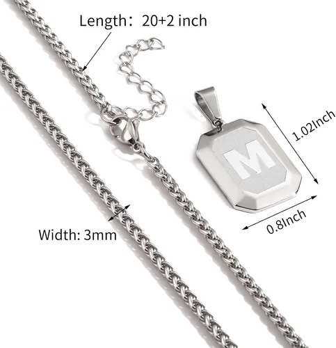 Miniatura 7 de Collar con inicial A-Z para hombres y niños, cadena con colgante de letra cuadrada de acero inoxidable para hombres, cadena de trigo de 20 + 2