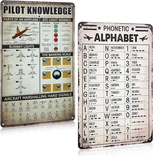 MorningRo 2 letreros metálicos retro de conocimiento piloto, cartel fonético del alfabeto de aviación militar, decoración de avión vintage para