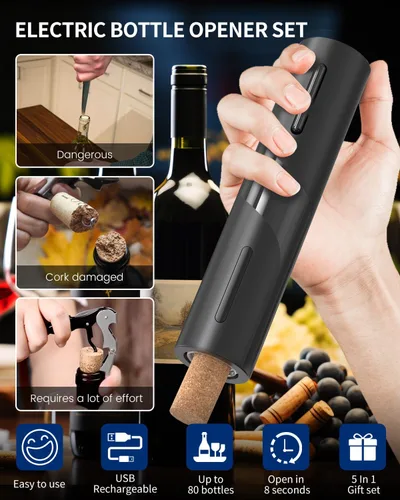 Miniatura 2 de Juego de abridor eléctrico de botellas de vino CIRCLE JOY - Sacacorchos recargable inalámbrico, juego de regalo con base de carga, cortador de papel