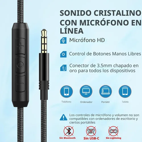 Miniatura 5 de AC01 auriculares de diadema con cable, auriculares pasivos con aislamiento de ruido, auriculares estéreo con cable con micrófono y control
