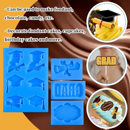 Miniatura 4 de Whaline Paquete de 4 moldes de silicona para fondant de graduación 2026, molde de diploma de felicitaciones, felicitaciones, dulces, chocolate